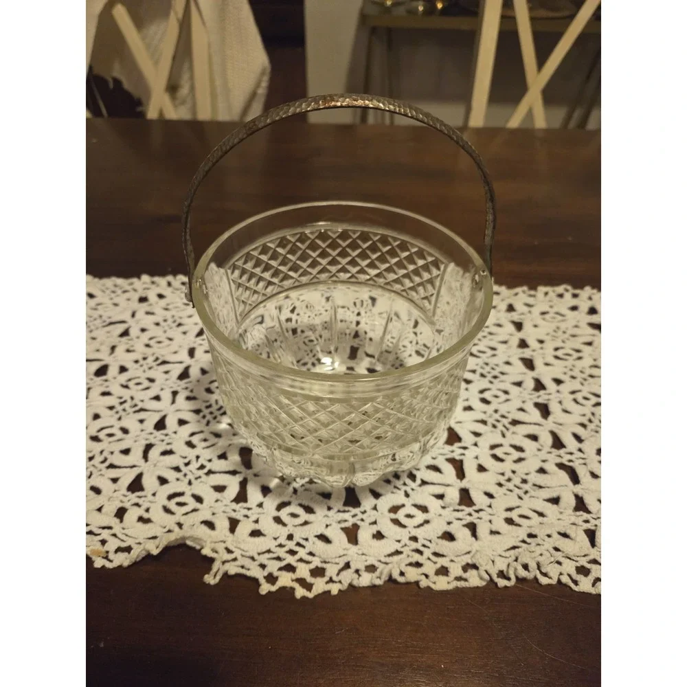 vintage glass ice bucket with hammered handle, Hollywood Regency